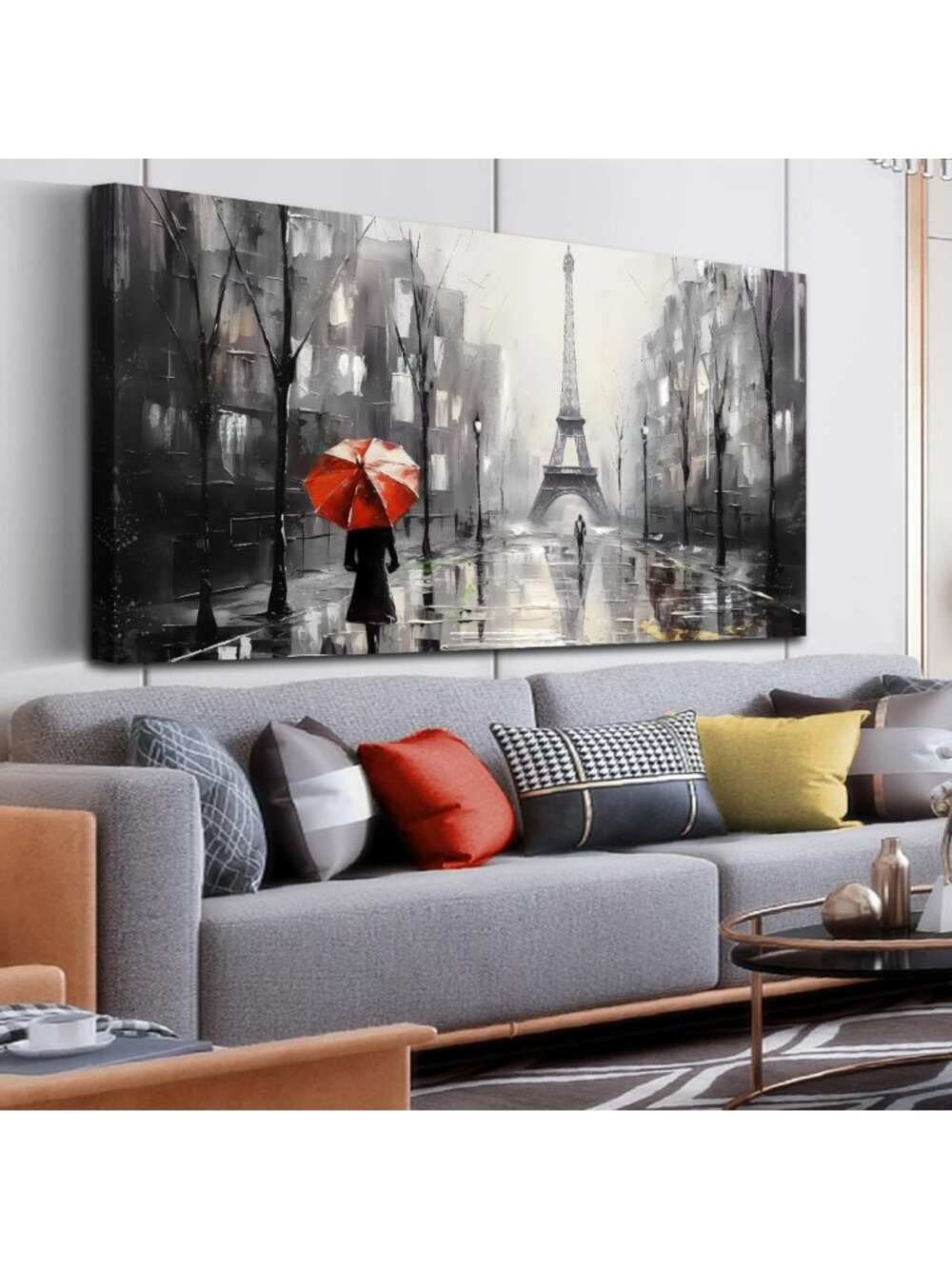 Chic Black and White Eiffel Tower Wall Art, French Woman Print, 24x48 Inches